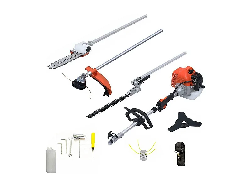 Decespugliatore A Scoppio Benzina 52 cc 4 in 1 Multifunzione Tagliasiepi Troncarami Motosega Tagliabordi Uso Domestico Professionale Potatura Abbattimento Arancione