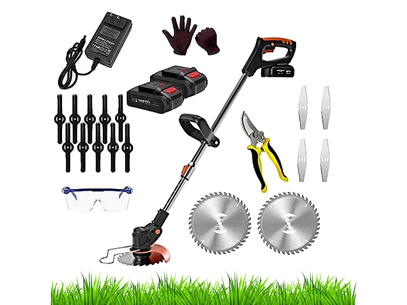 Decespugliatore A Batteria Tagliabordi Elettrico Asta Regolabile Senza Fili Con Lame 2 Batterie Testa Regolabile 90\u00b0 Tagliaerba 24V Occhiali E Guanti