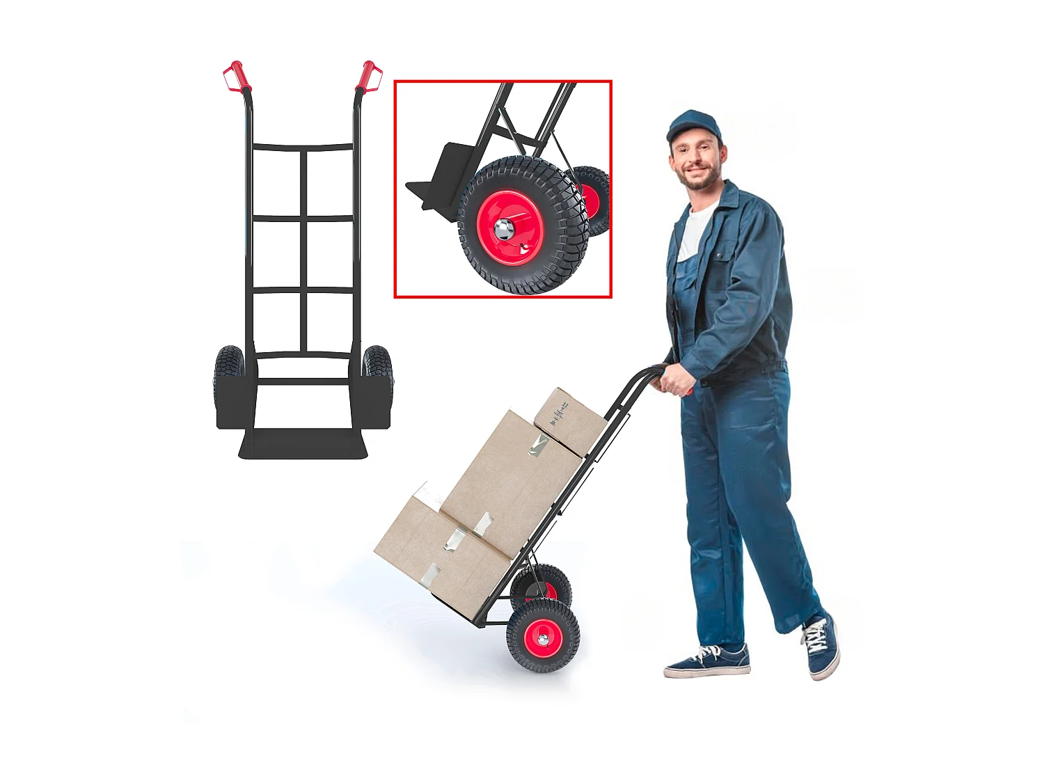 Carrello A Mano Portapacchi Portata 200 Kg In Acciaio Tubolare Ruote Pneumatiche Rinforzate Trasporto Pacchi Portasacchi 45 x 50.5 x 116 Cm Nero