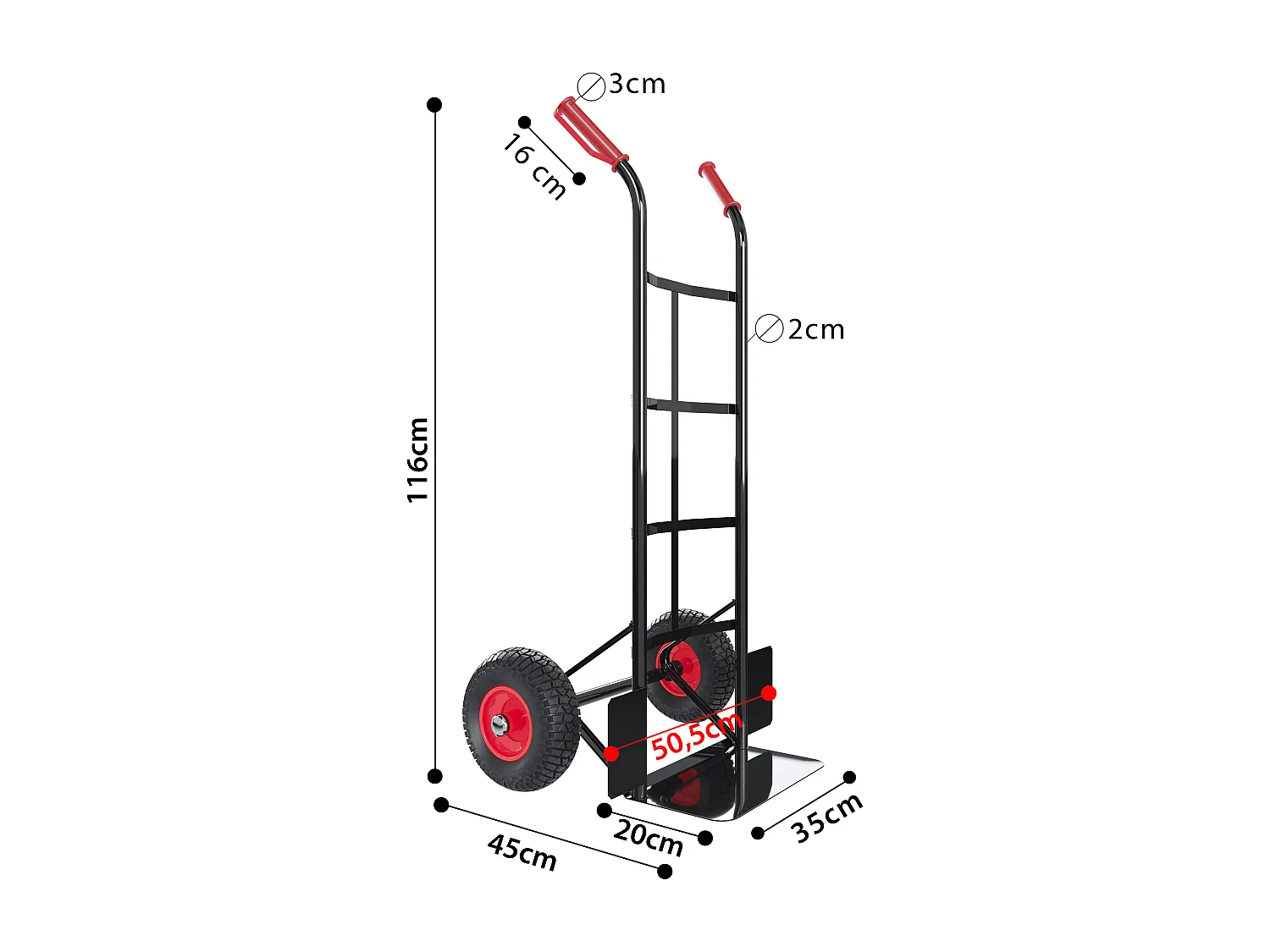 Carrello A Mano Portapacchi Portata 200 Kg In Acciaio Tubolare Ruote Pneumatiche Rinforzate Trasporto Pacchi Portasacchi 45 x 50.5 x 116 Cm Nero