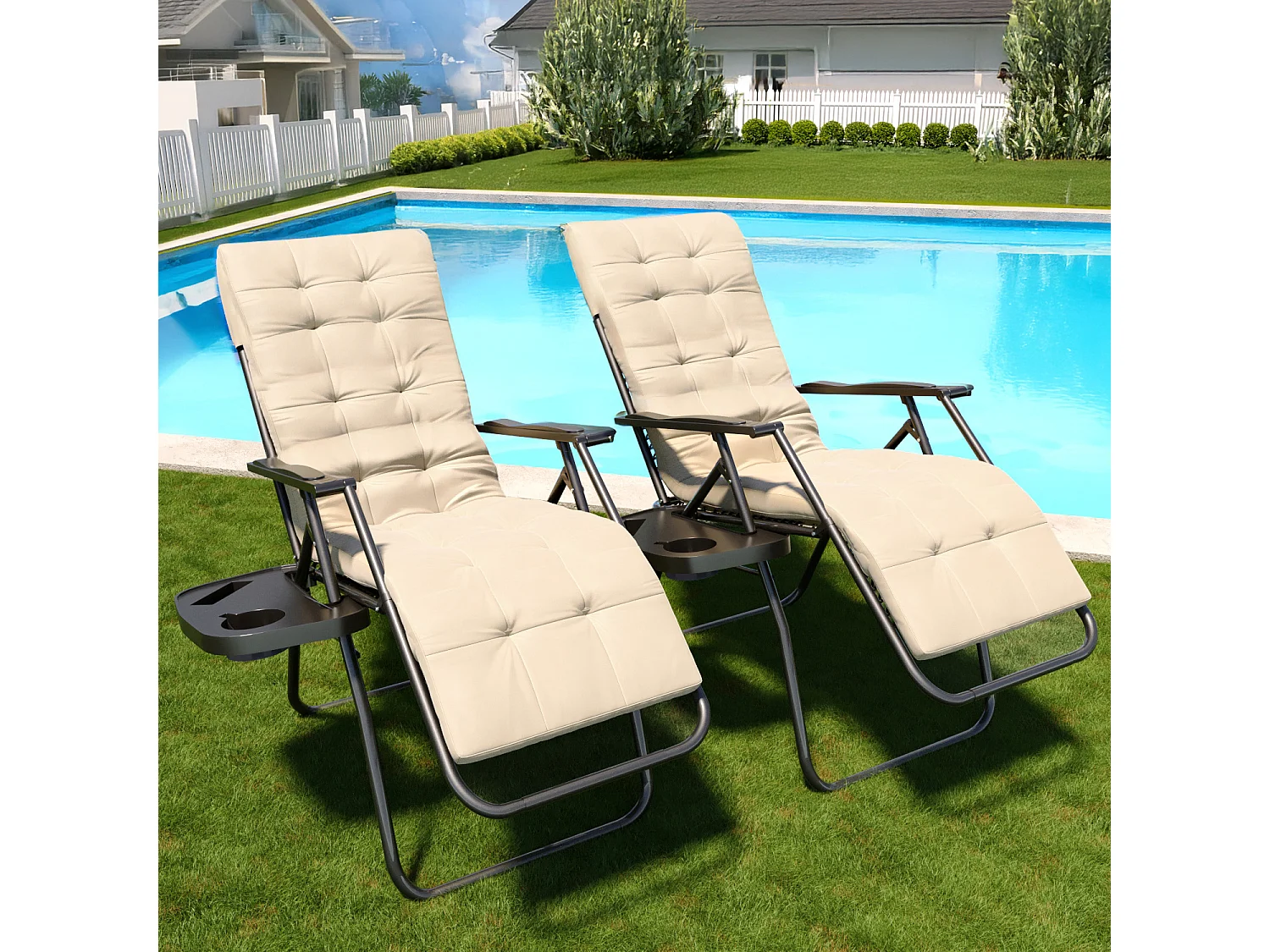 2 Sedie Sdraio Con Cuscino Imbottito E Portavivande Poltrona Relax Reclinabile Gravità 0 Design Ergonomico Richiudibile In Acciaio Portata Max 120 Kg