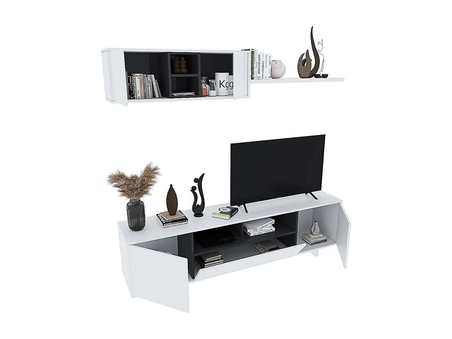 Parete Attrezzata Mobile Swiss Mobile Soggiorno TV Mensola Modulo Sospeso Salotto Legno Base Televisione Sala da Pranzo Design 200 x 41 x 46 cm Bianco