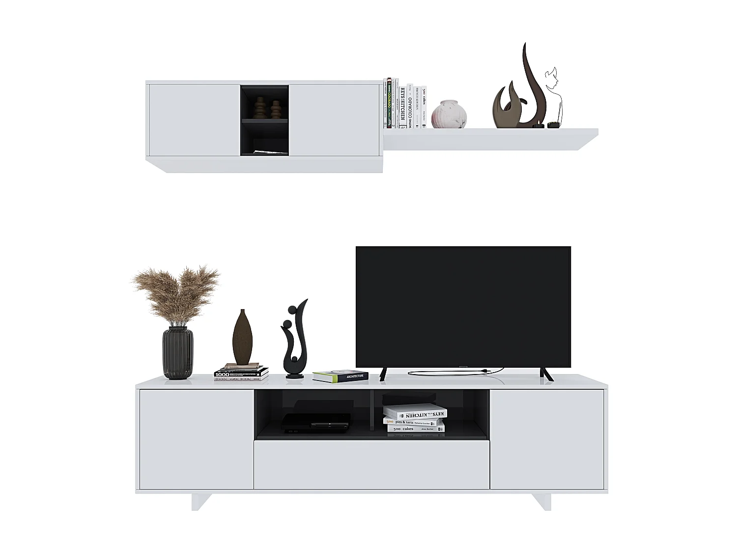 Parete Attrezzata Mobile Swiss Mobile Soggiorno TV Mensola Modulo Sospeso Salotto Legno Base Televisione Sala da Pranzo Design 200 x 41 x 46 cm Bianco