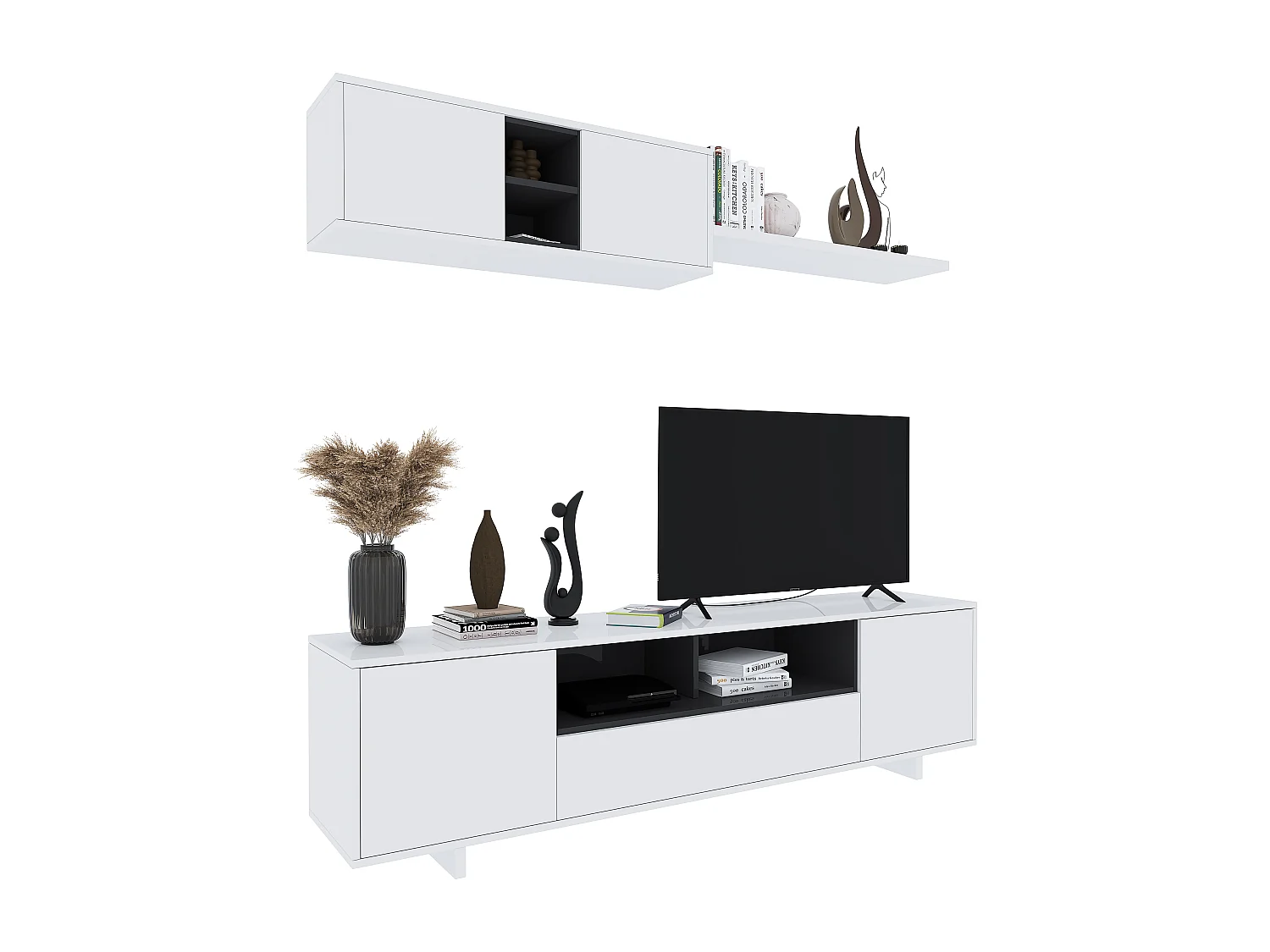 Parete Attrezzata Mobile Swiss Mobile Soggiorno TV Mensola Modulo Sospeso Salotto Legno Base Televisione Sala da Pranzo Design 200 x 41 x 46 cm Bianco