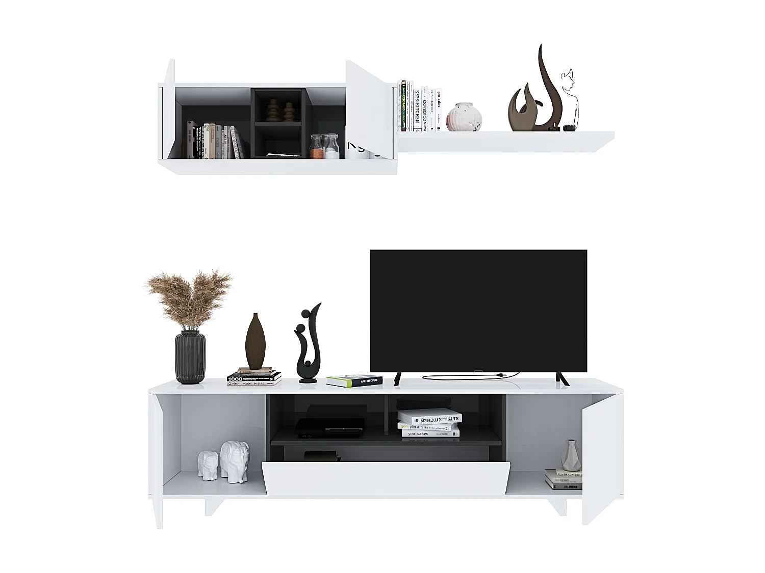 Parete Attrezzata Mobile Swiss Mobile Soggiorno TV Mensola Modulo Sospeso Salotto Legno Base Televisione Sala da Pranzo Design 200 x 41 x 46 cm Bianco