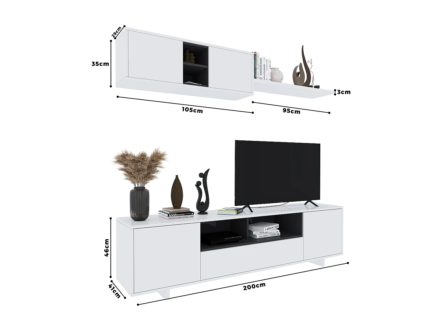 Parete Attrezzata Mobile Swiss Mobile Soggiorno TV Mensola Modulo Sospeso Salotto Legno Base Televisione Sala da Pranzo Design 200 x 41 x 46 cm Bianco