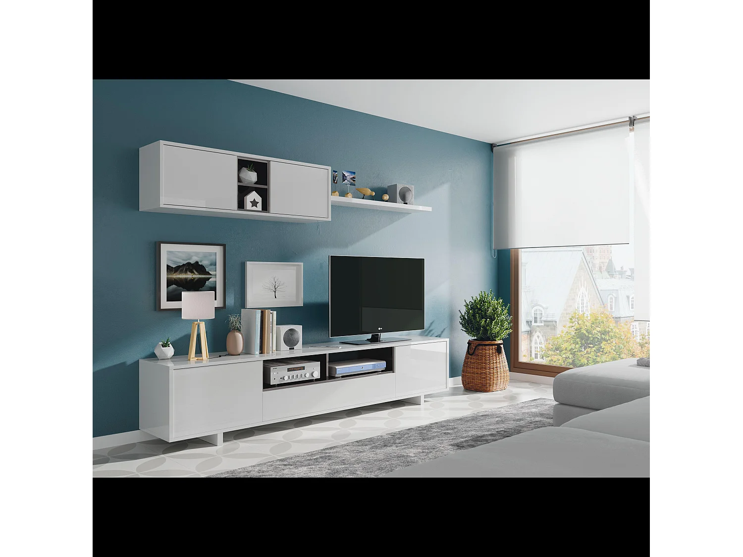 Parete Attrezzata Mobile Swiss Mobile Soggiorno TV Mensola Modulo Sospeso Salotto Legno Base Televisione Sala da Pranzo Design 200 x 41 x 46 cm Bianco