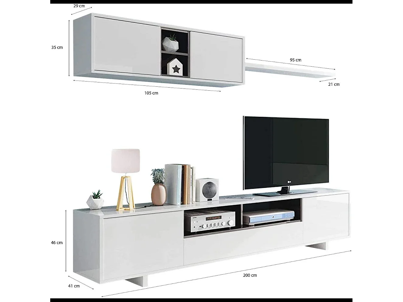 Parete Attrezzata Mobile Swiss Mobile Soggiorno TV Mensola Modulo Sospeso Salotto Legno Base Televisione Sala da Pranzo Design 200 x 41 x 46 cm Bianco