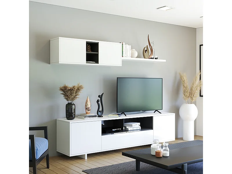 Parete Attrezzata Mobile Swiss Mobile Soggiorno TV Mensola Modulo Sospeso Salotto Legno Base Televisione Sala da Pranzo Design 200 x 41 x 46 cm Bianco