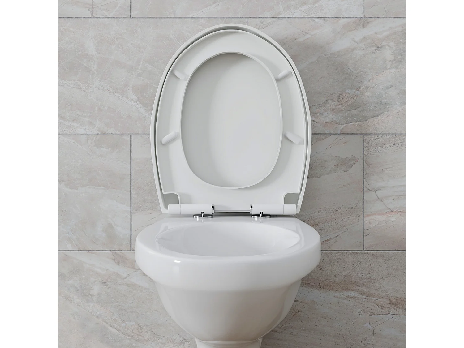 Sedile WC Copriwater Tavoletta UNIVERSALE Rapido Montaggio Con Soft Close Chiusura Ammortizzata In Plastica Antibatterica 458x370 Mm Bianco (Forma O)
