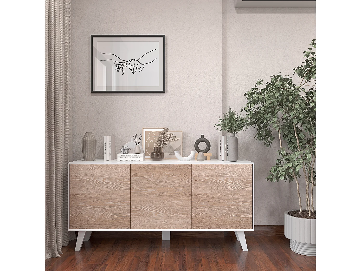 Credenza Gijòn Mobile Mobiletto Soggiorno Salotto Ingresso Sala da Pranzo 3 Ante 154 x 41 x 75 cm Colore Bianco Lucido Rovere Chiaro