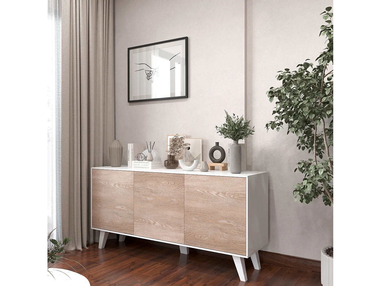Credenza Gijòn Mobile Mobiletto Soggiorno Salotto Ingresso Sala da Pranzo 3 Ante 154 x 41 x 75 cm Colore Bianco Lucido Rovere Chiaro