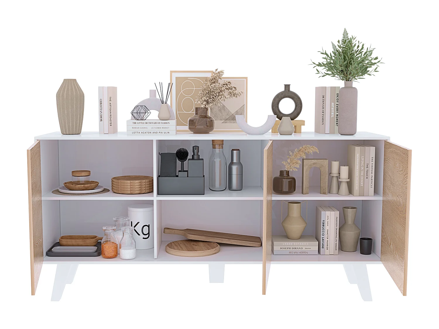 Credenza Gijòn Mobile Mobiletto Soggiorno Salotto Ingresso Sala da Pranzo 3 Ante 154 x 41 x 75 cm Colore Bianco Lucido Rovere Chiaro