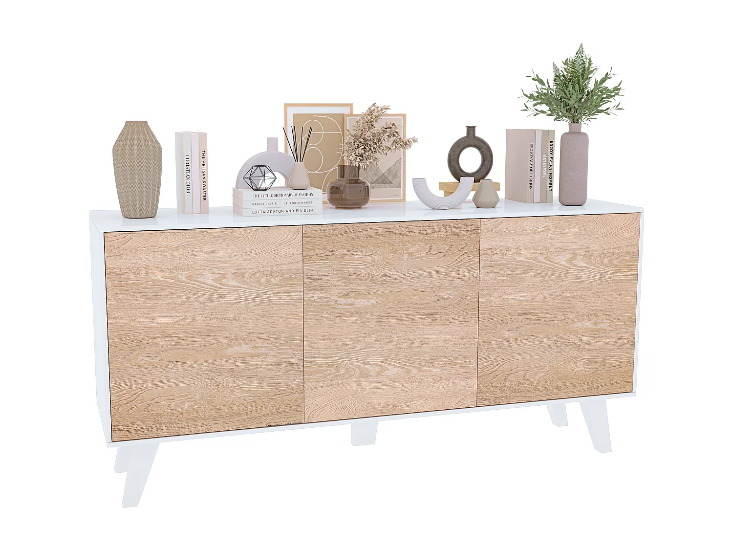 Credenza Gijòn Mobile Mobiletto Soggiorno Salotto Ingresso Sala da Pranzo 3 Ante 154 x 41 x 75 cm Colore Bianco Lucido Rovere Chiaro