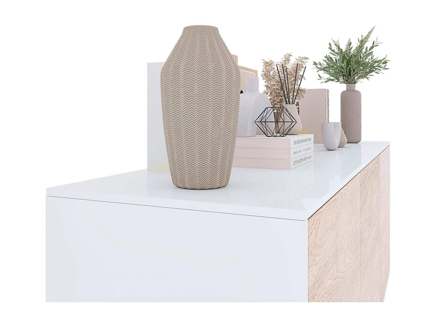 Credenza Gijòn Mobile Mobiletto Soggiorno Salotto Ingresso Sala da Pranzo 3 Ante 154 x 41 x 75 cm Colore Bianco Lucido Rovere Chiaro