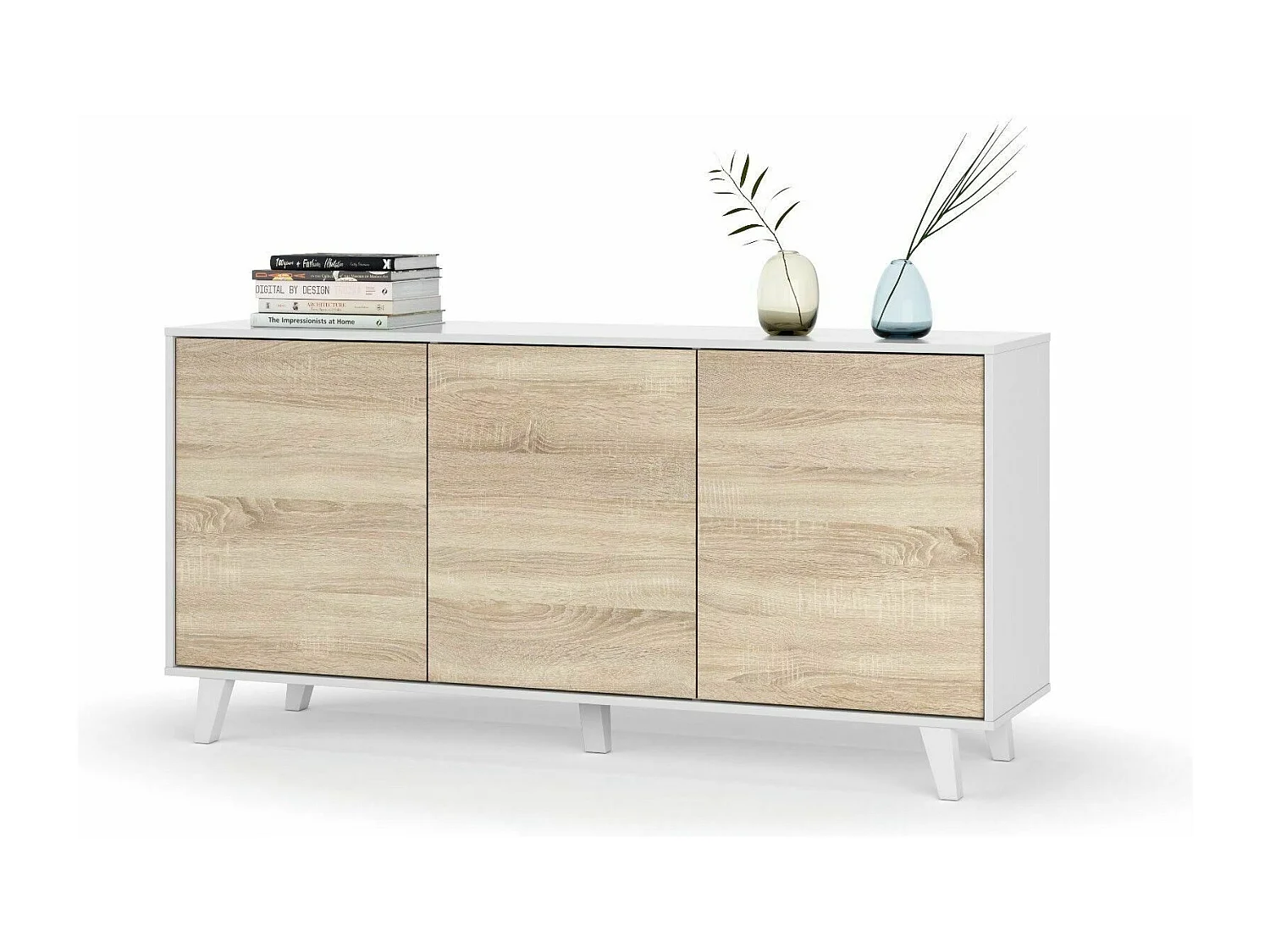 Credenza Gijòn Mobile Mobiletto Soggiorno Salotto Ingresso Sala da Pranzo 3 Ante 154 x 41 x 75 cm Colore Bianco Lucido Rovere Chiaro