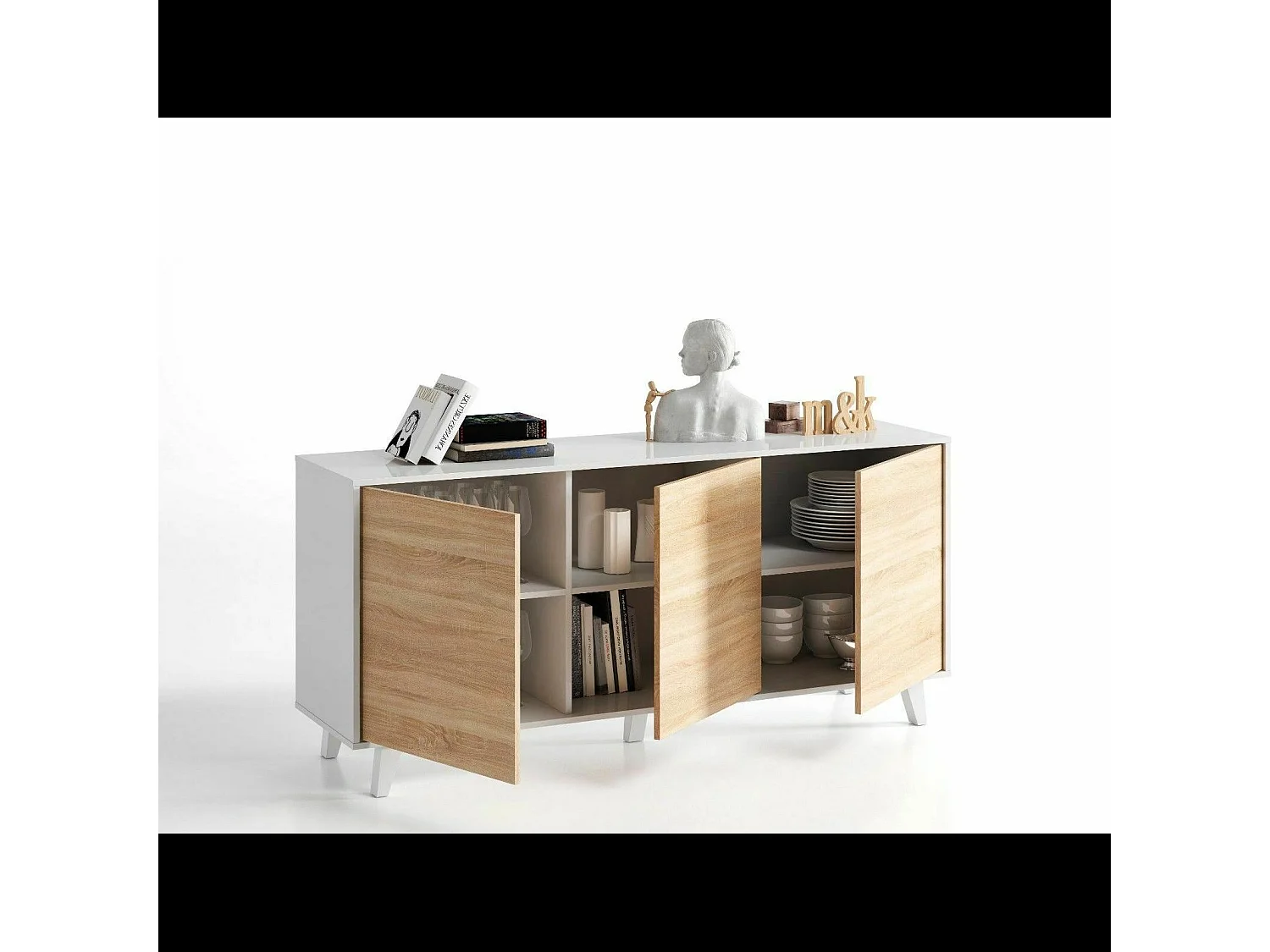 Credenza Gijòn Mobile Mobiletto Soggiorno Salotto Ingresso Sala da Pranzo 3 Ante 154 x 41 x 75 cm Colore Bianco Lucido Rovere Chiaro