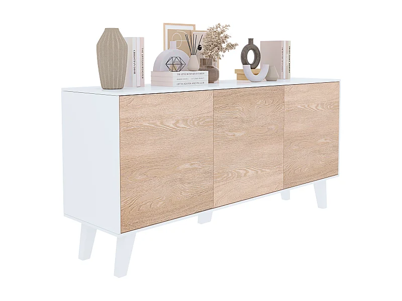 Credenza Gijòn Mobile Mobiletto Soggiorno Salotto Ingresso Sala da Pranzo 3 Ante 154 x 41 x 75 cm Colore Bianco Lucido Rovere Chiaro