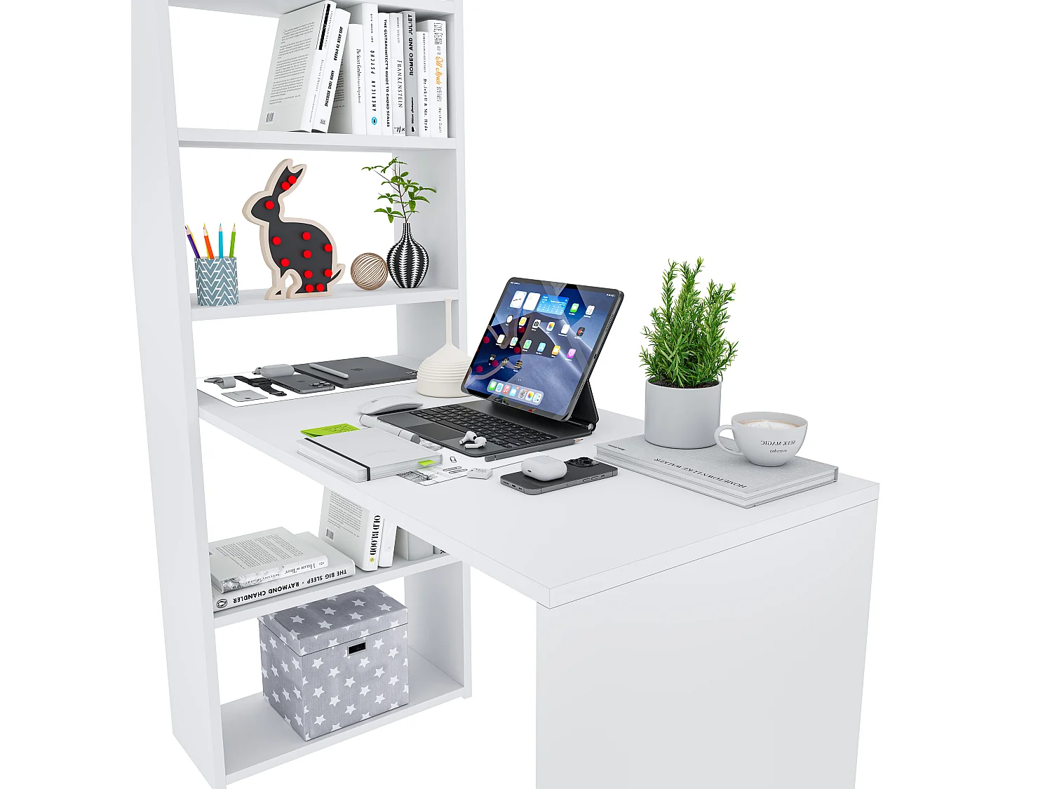 Scrivania Con Libreria Reversibile Salvaspazio Kirkensen Scrittoio Scaffali Laterali Mobile Desk Postazione Pc Da Studio Ufficio Soggiorno 120 x 144 x 53 cm Bianco