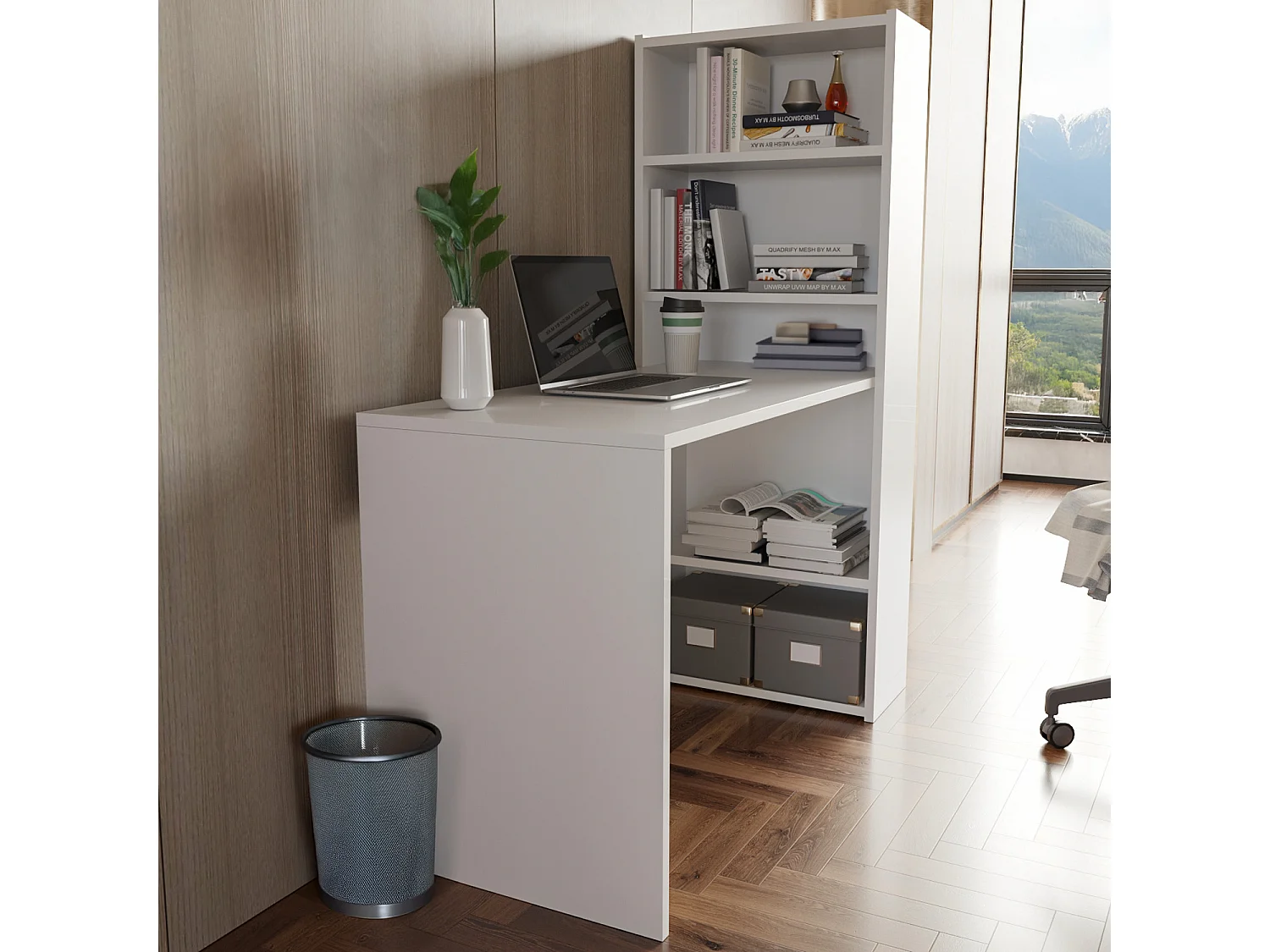 Scrivania Con Libreria Reversibile Salvaspazio Kirkensen Scrittoio Scaffali Laterali Mobile Desk Postazione Pc Da Studio Ufficio Soggiorno 120 x 144 x 53 cm Bianco