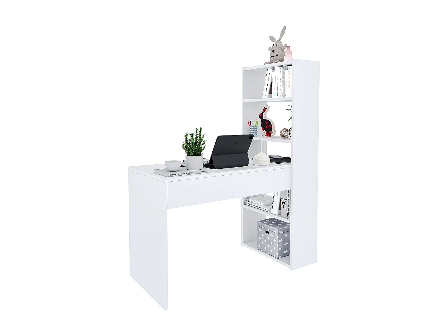 Scrivania Con Libreria Reversibile Salvaspazio Kirkensen Scrittoio Scaffali Laterali Mobile Desk Postazione Pc Da Studio Ufficio Soggiorno 120 x 144 x 53 cm Bianco