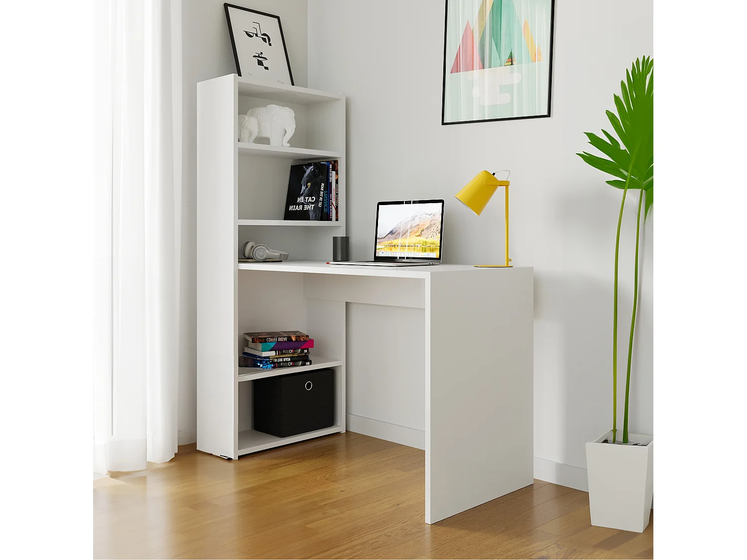 Scrivania Con Libreria Reversibile Salvaspazio Kirkensen Scrittoio Scaffali Laterali Mobile Desk Postazione Pc Da Studio Ufficio Soggiorno 120 x 144 x 53 cm Bianco