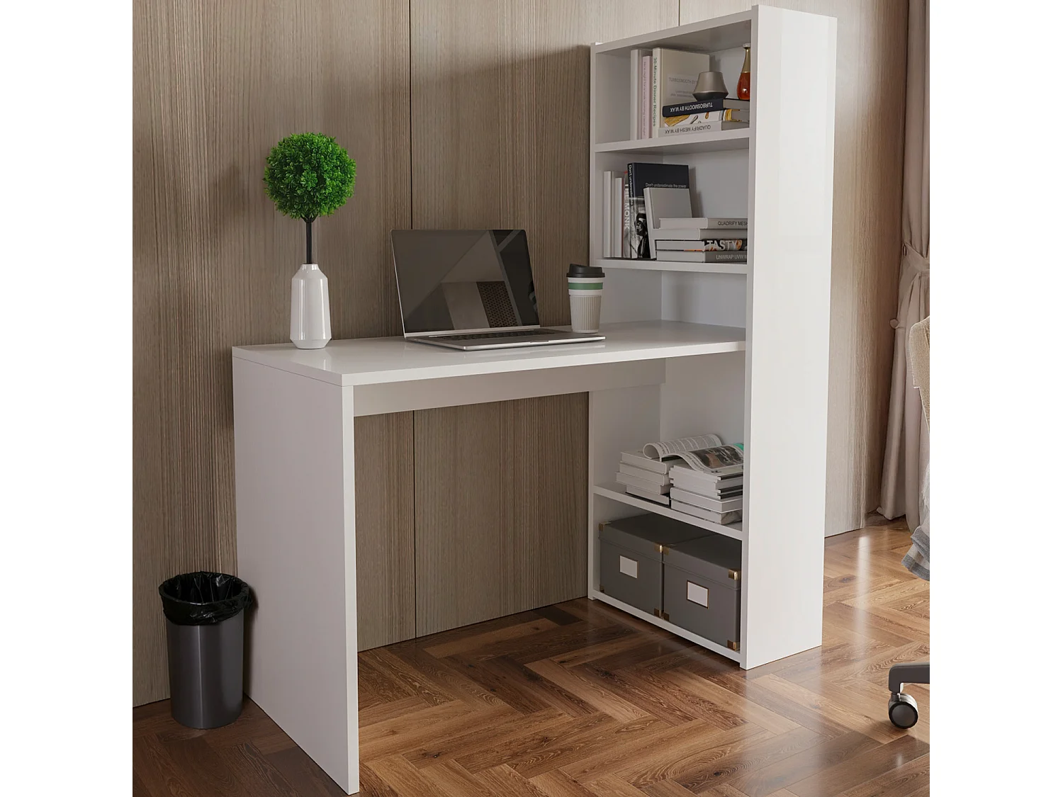 Scrivania Con Libreria Reversibile Salvaspazio Kirkensen Scrittoio Scaffali Laterali Mobile Desk Postazione Pc Da Studio Ufficio Soggiorno 120 x 144 x 53 cm Bianco