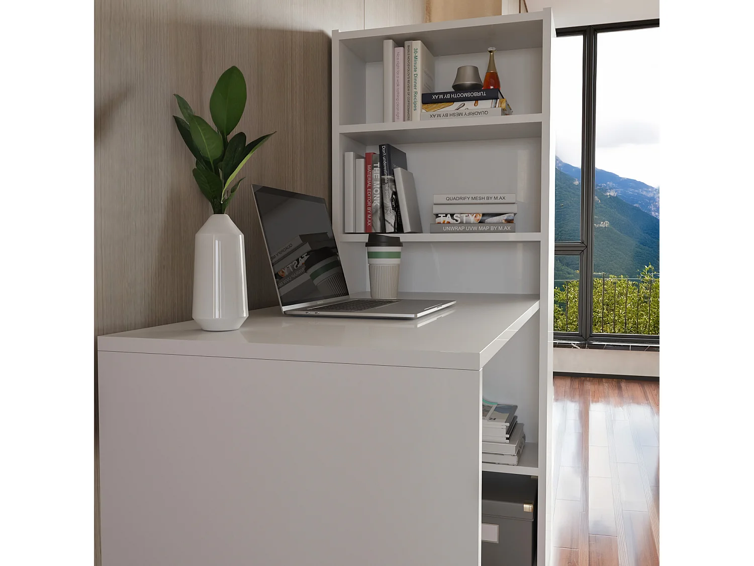 Scrivania Con Libreria Reversibile Salvaspazio Kirkensen Scrittoio Scaffali Laterali Mobile Desk Postazione Pc Da Studio Ufficio Soggiorno 120 x 144 x 53 cm Bianco