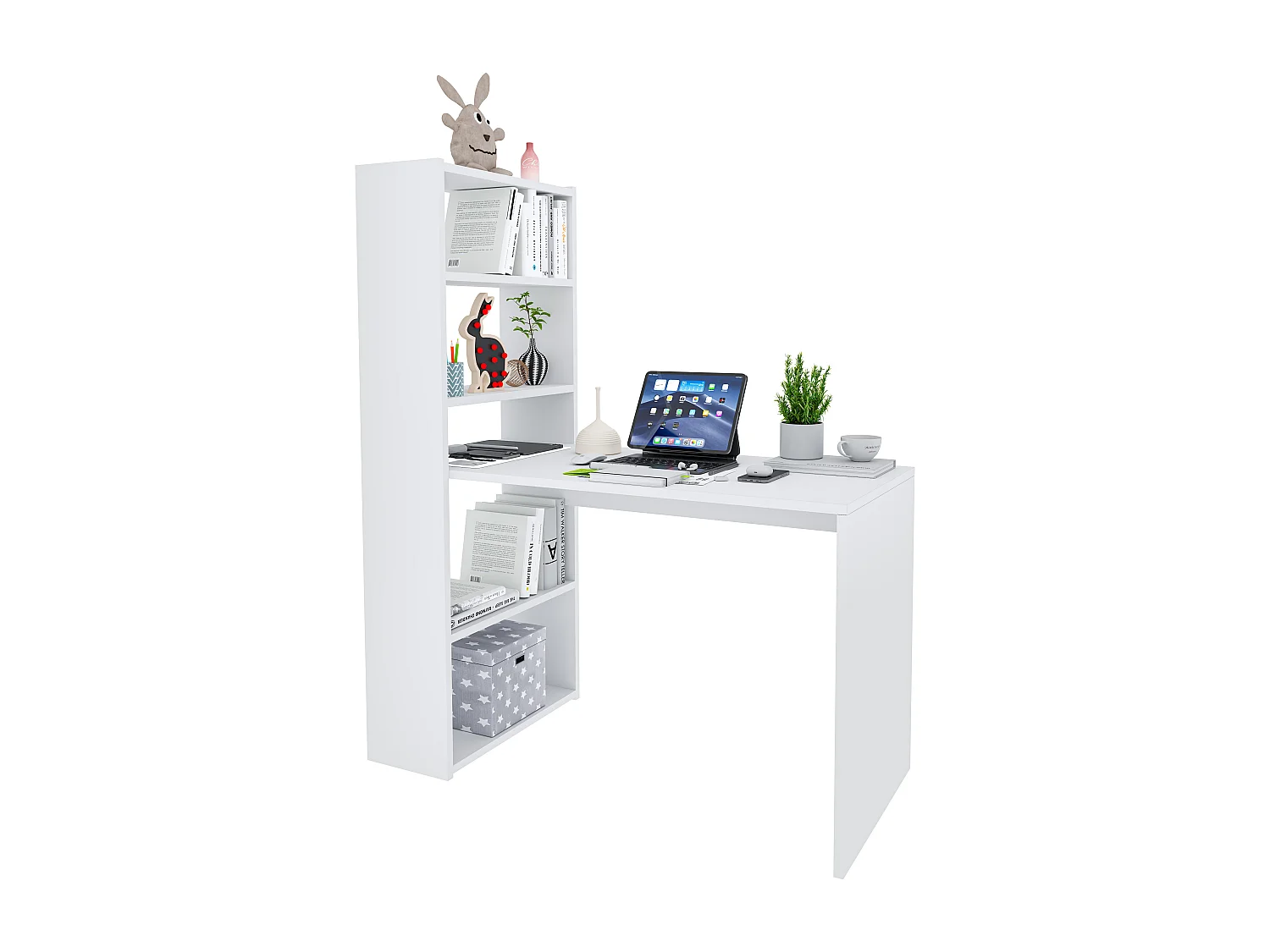 Scrivania Con Libreria Reversibile Salvaspazio Kirkensen Scrittoio Scaffali Laterali Mobile Desk Postazione Pc Da Studio Ufficio Soggiorno 120 x 144 x 53 cm Bianco