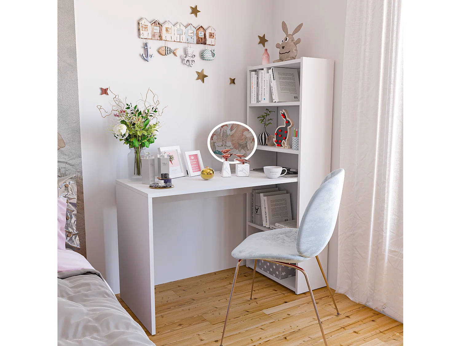 Scrivania Con Libreria Reversibile Salvaspazio Kirkensen Scrittoio Scaffali Laterali Mobile Desk Postazione Pc Da Studio Ufficio Soggiorno 120 x 144 x 53 cm Bianco