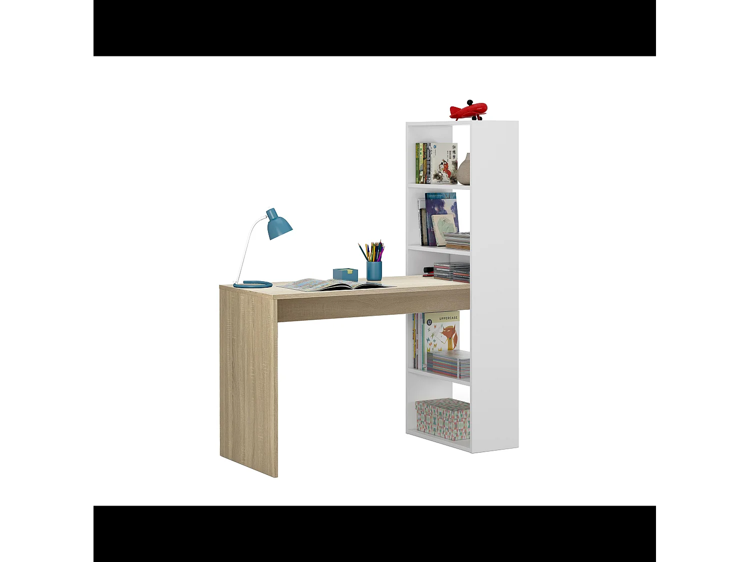 Scrivania Con Libreria Reversibile Scrittoio Scaffali Laterali Mobile Desk da Ufficio Soggiorno Sala Da Pranzo 120 x 144 x 53cm Colore Bianco e Rovere