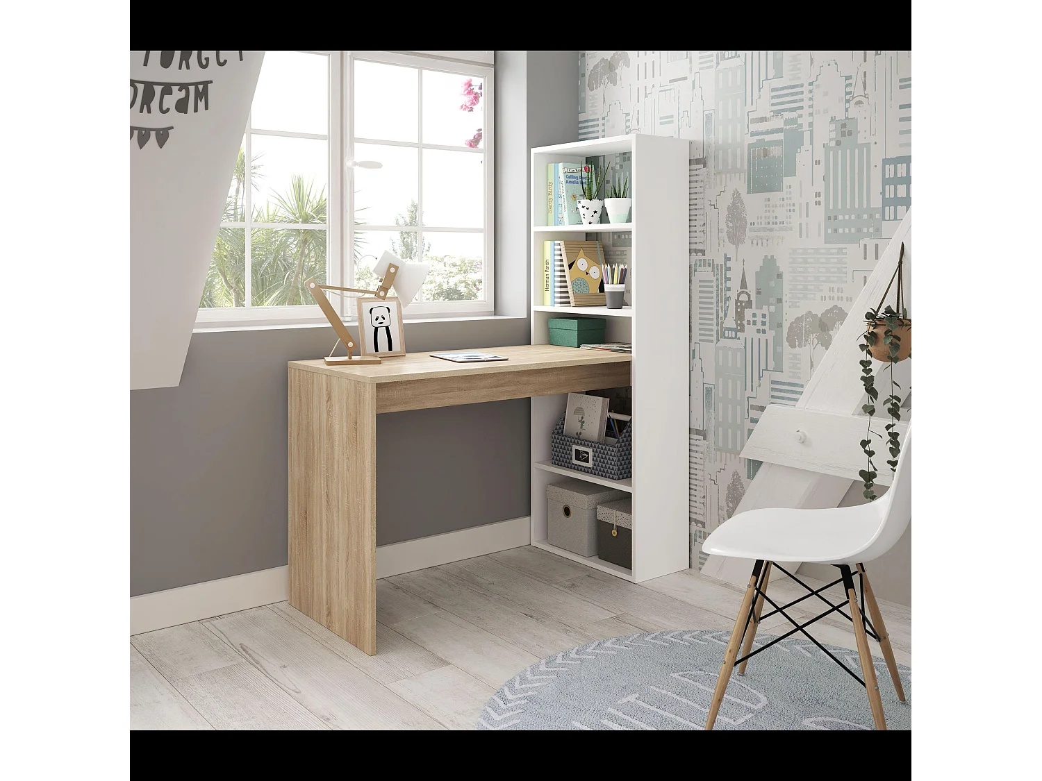 Scrivania Con Libreria Reversibile Scrittoio Scaffali Laterali Mobile Desk da Ufficio Soggiorno Sala Da Pranzo 120 x 144 x 53cm Colore Bianco e Rovere