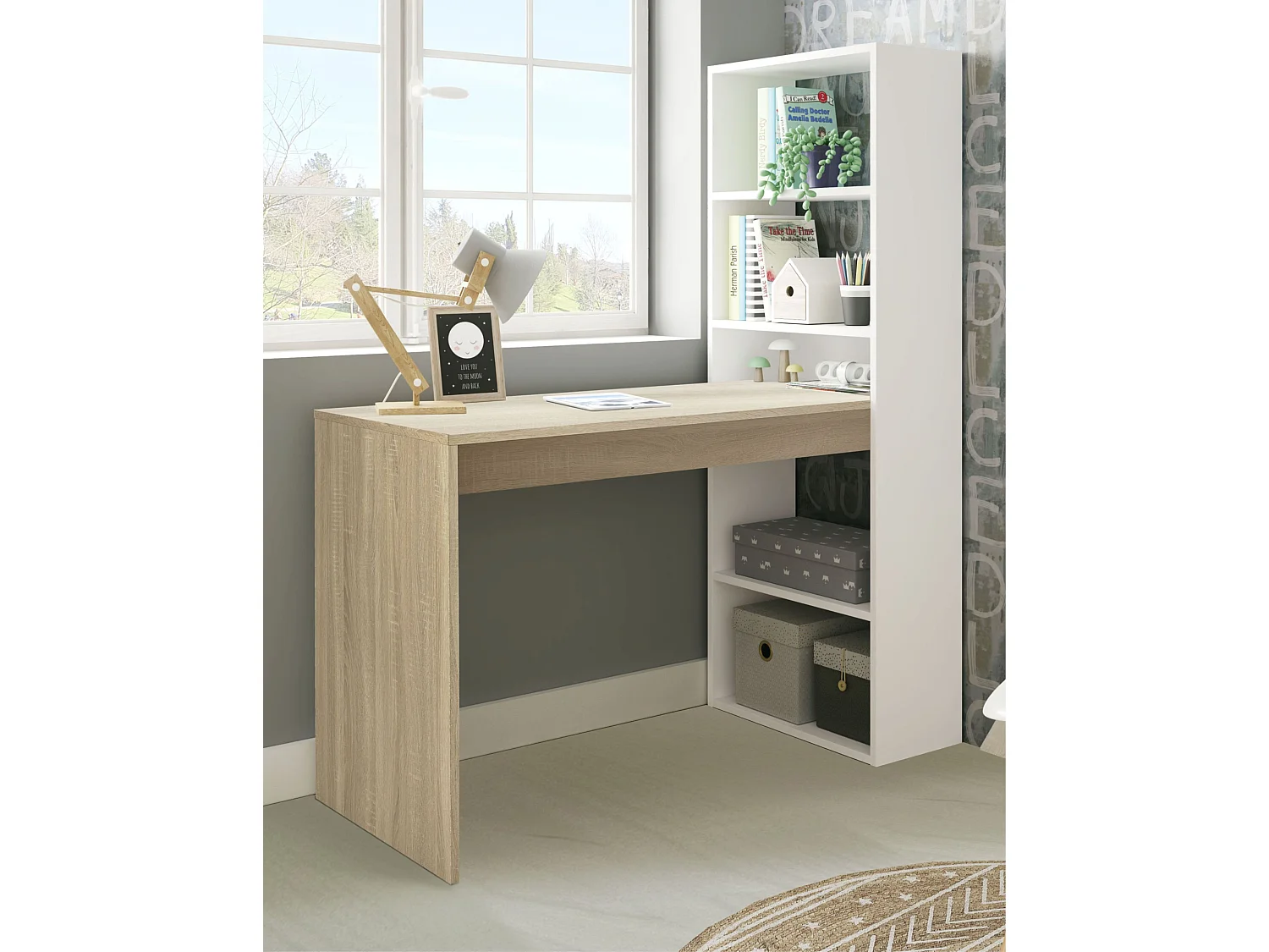 Scrivania Con Libreria Reversibile Scrittoio Scaffali Laterali Mobile Desk da Ufficio Soggiorno Sala Da Pranzo 120 x 144 x 53cm Colore Bianco e Rovere