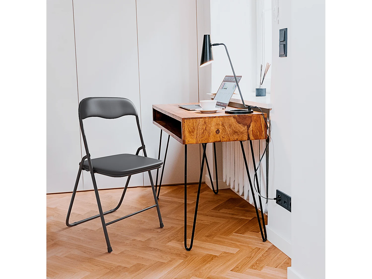 Set 6 Sedia Pieghevole Slim Opaca Metallo Sedie Salvaspazio Ufficio Casa Campeggio Salotto Cucina Ecopelle Comoda Seduta Imbottita 78x44x44 cm Nero