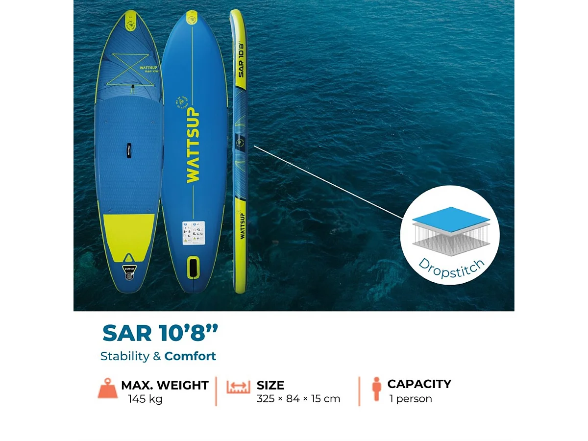 Sup insuflável WATTSUP SAR 10'8 - 325x84x15cm Dropstitch - Pack Paddle Leash Pump Carry Bag