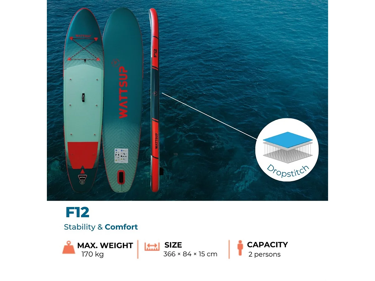 Sup Gonflable WATTSUP F12 12' - 366x84x15cm Dropstitch - Pack Pagaie Leash Pompe Sac de Transport