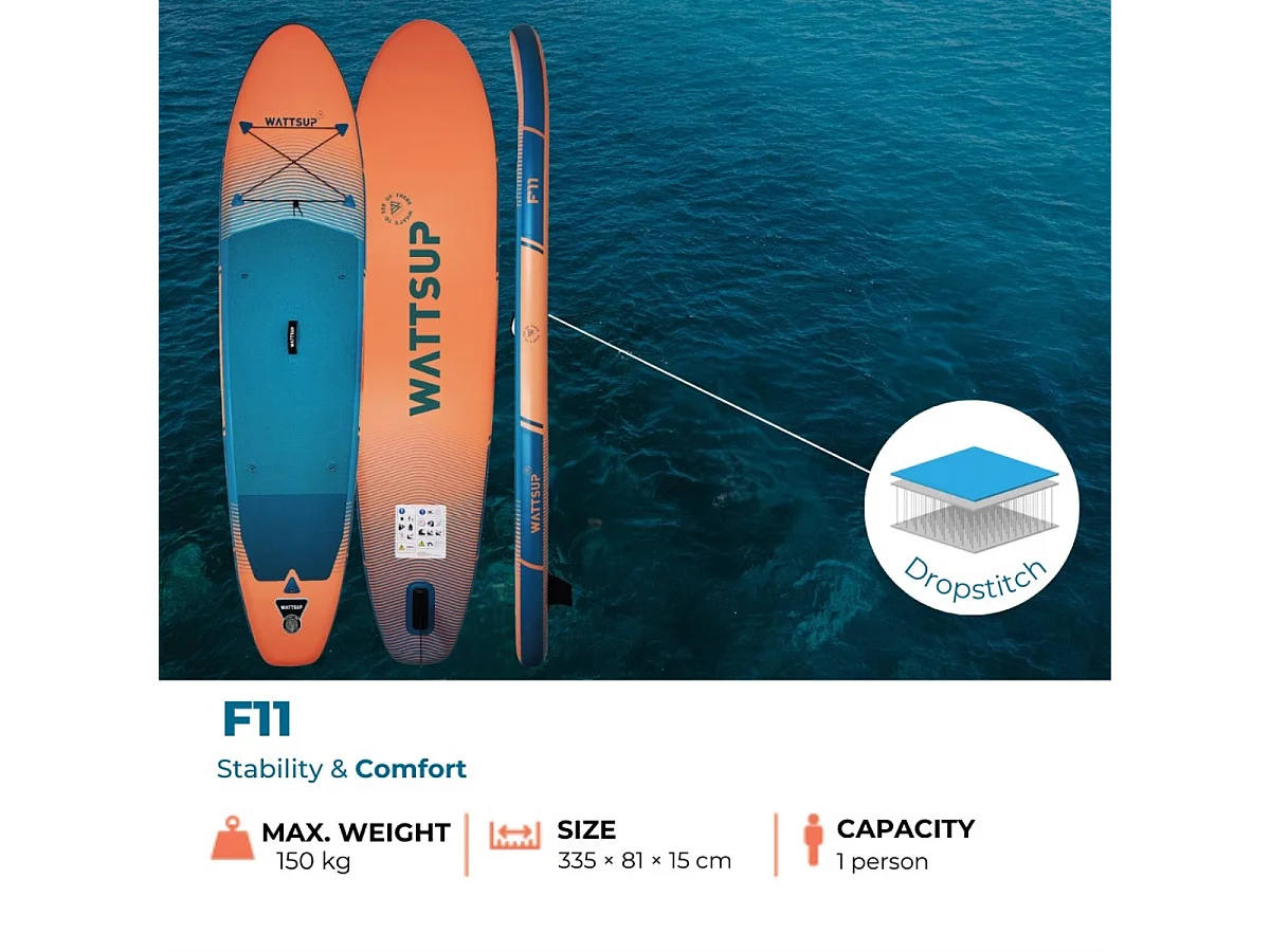 Sup gonfiabile WATTSUP F11 11' - 325x81x15cm Punto Goccia - Confezione Pagaia Guinzaglio Pompa Borsa da trasporto