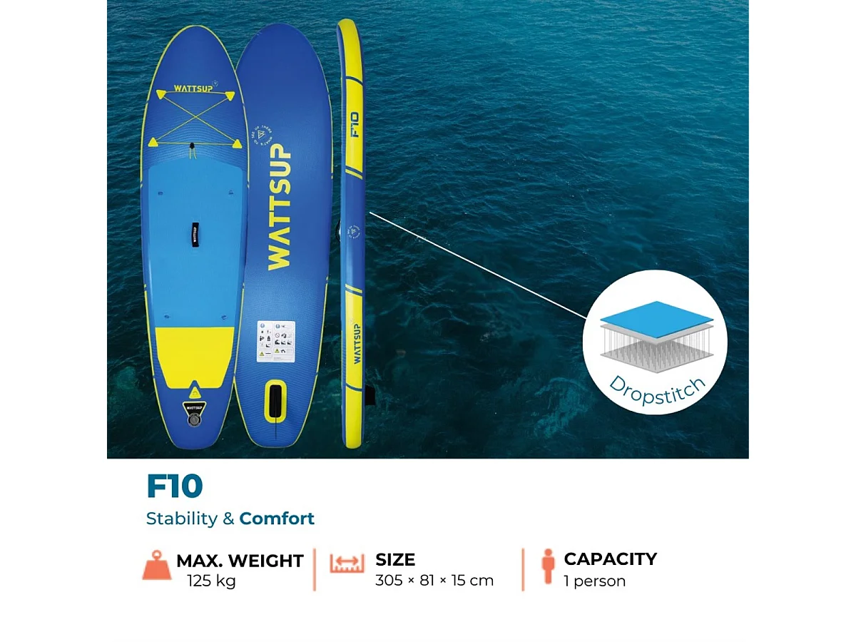 Aufblasbares Sup WATTSUP F10 10' - 305x81x15cm Dropstitch - Pack Paddel Leash Pump Transporttasche