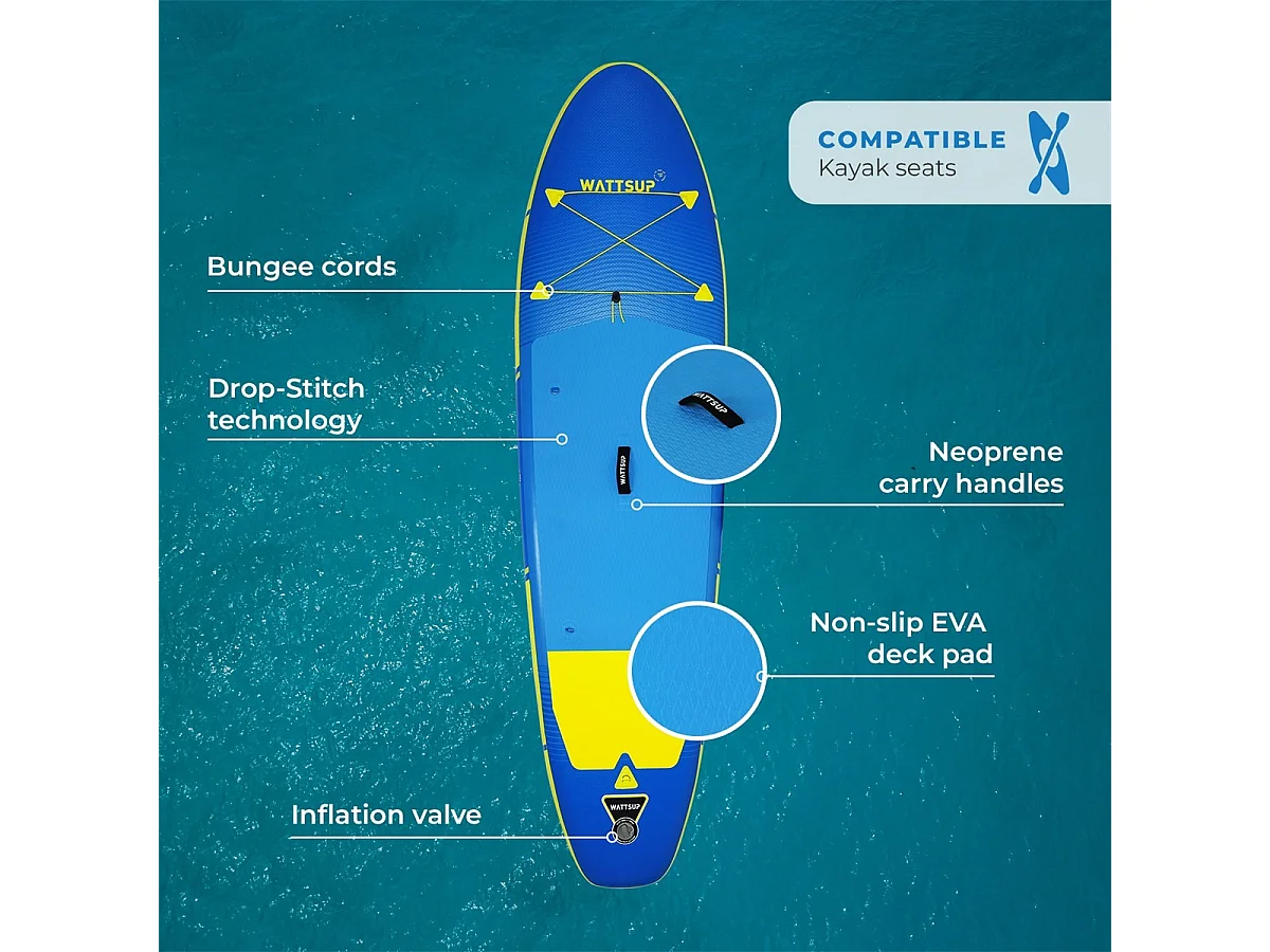 Aufblasbares Sup WATTSUP F10 10' - 305x81x15cm Dropstitch - Pack Paddel Leash Pump Transporttasche