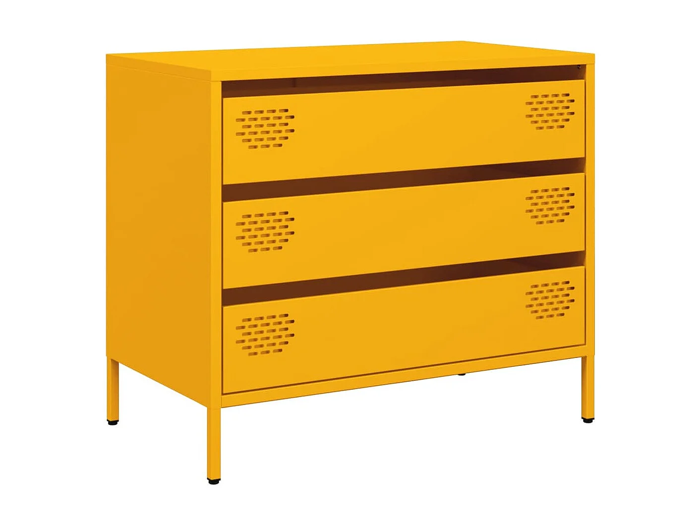 Mostardowy bufet z zimnowalcowanej stali z 3 szufladami i metalowymi nogami - 68x39x58,5 cm