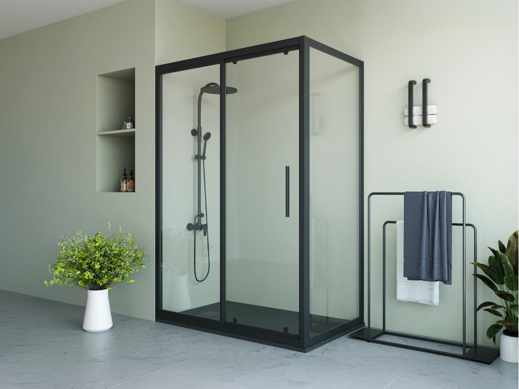 Duschtrennwand Seitenwand mit Schiebetür - Schwarz matt - Industrial Style - 140 x 80 x 195 cm - TORONI