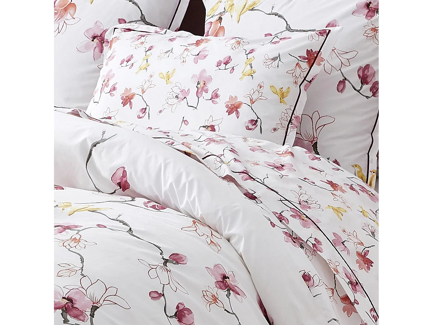 Taie d'oreiller imprimée fleurs et oiseaux