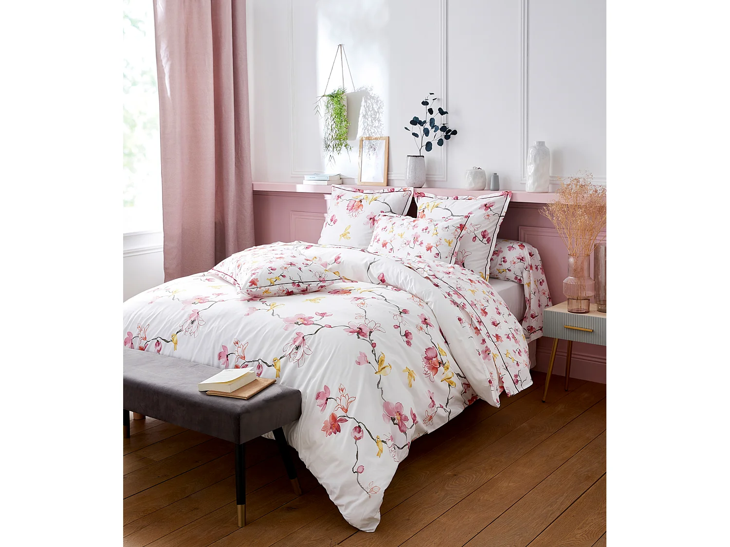 Taie d'oreiller imprimée fleurs et oiseaux