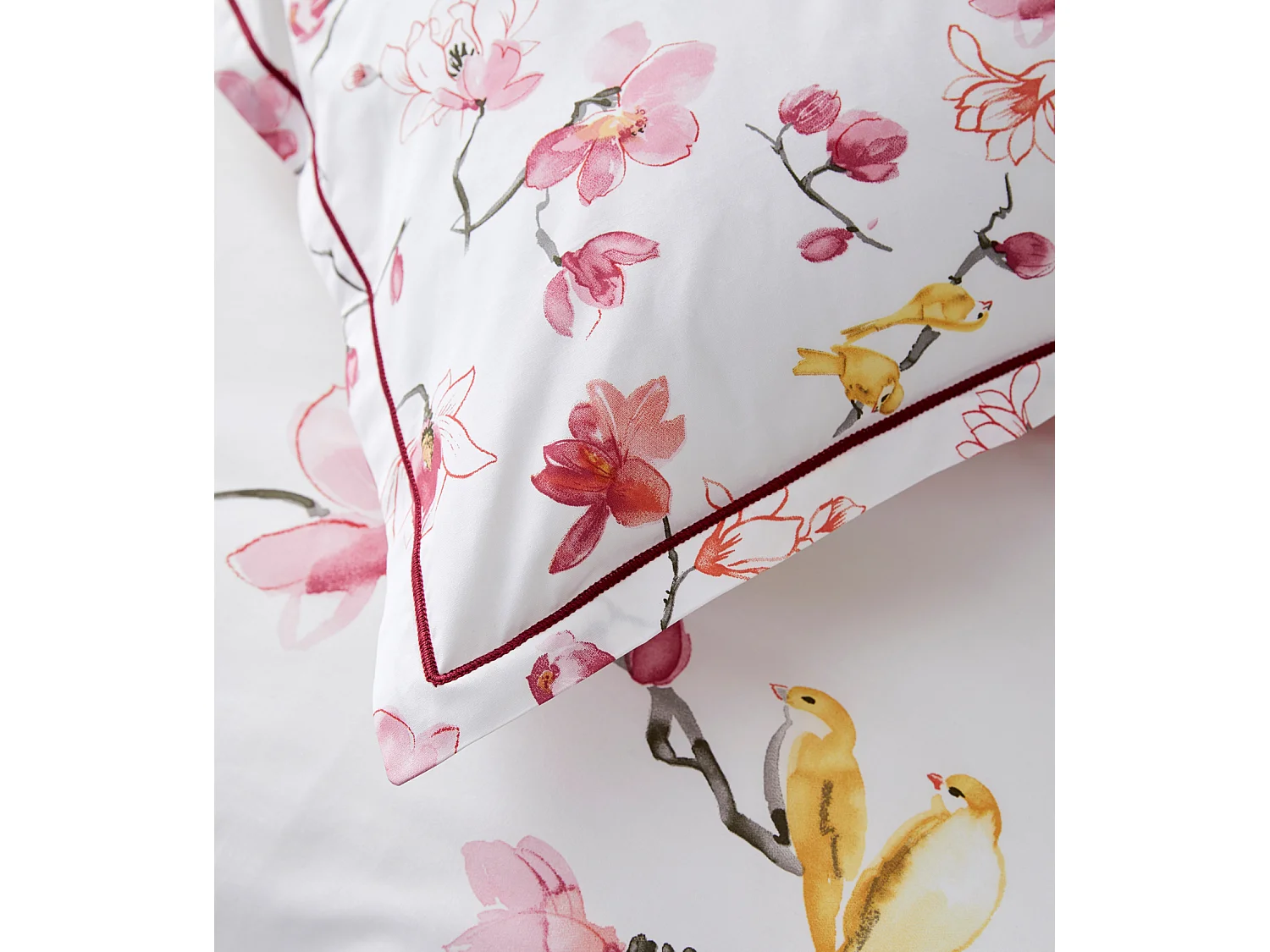 Taie d'oreiller imprimée fleurs et oiseaux