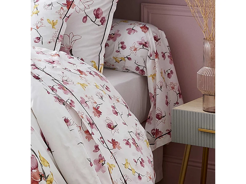 Taie de traversin imprimée fleurs et oiseaux