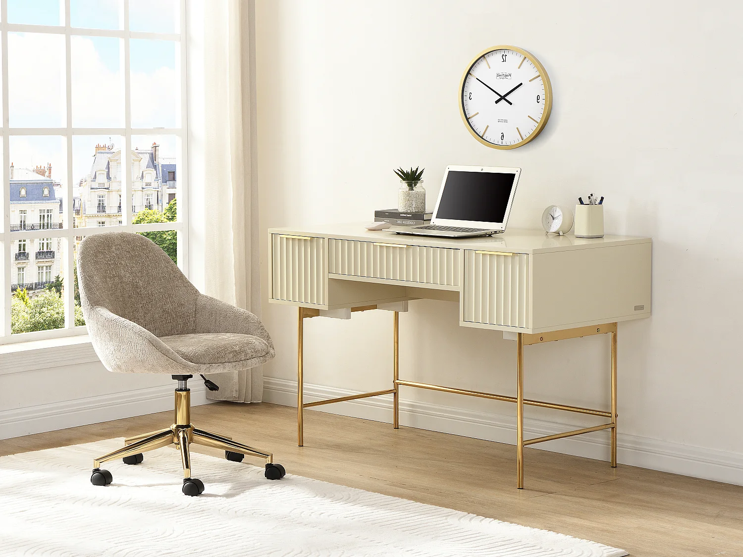 Chaise de bureau - Tissu - Beige et doré - Hauteur réglable - NAODY