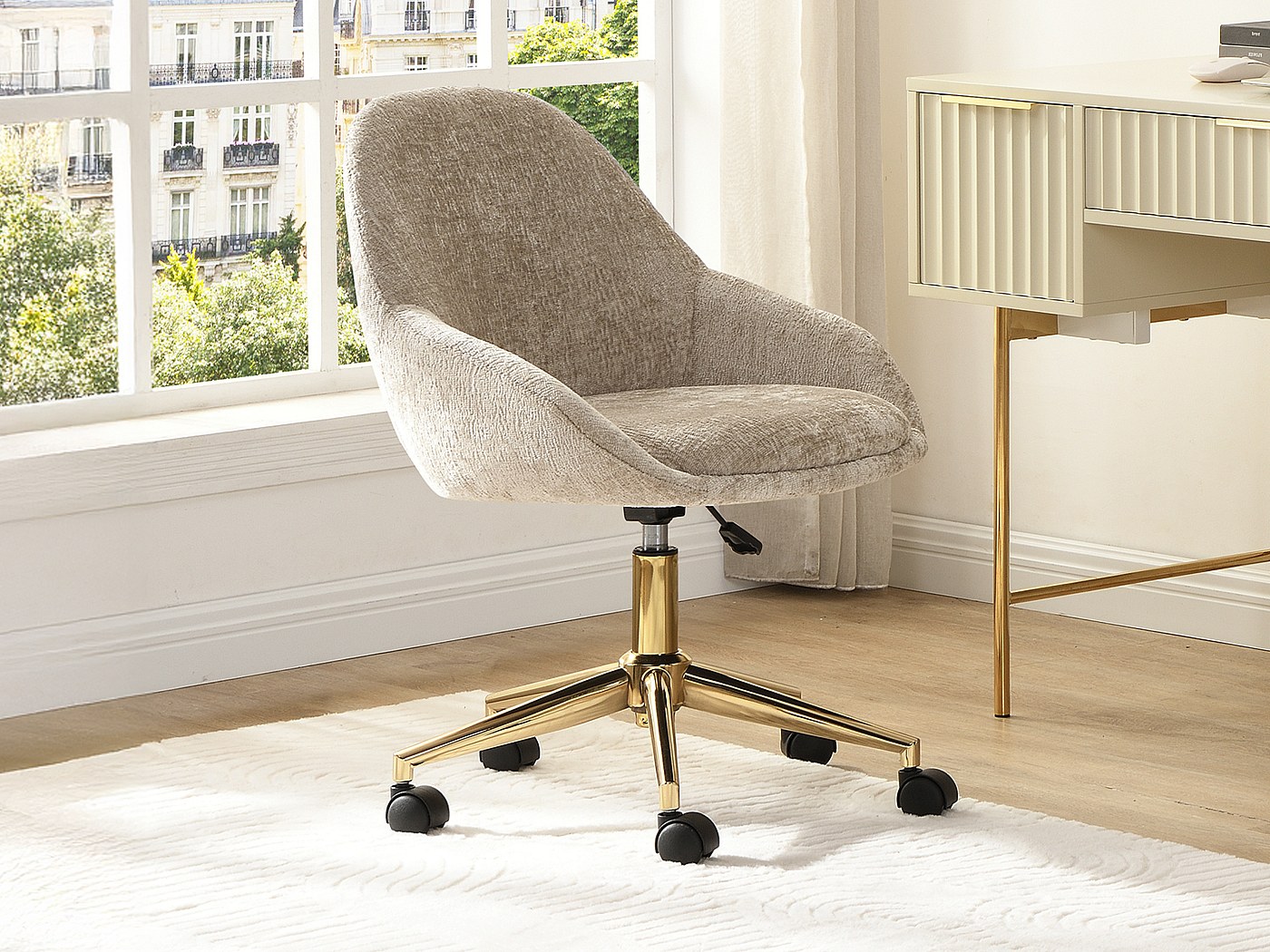 Chaise De Coiffeuse Pivotante Avec Roulettes - Velours, Réglable En Hauteur, Rose - 7