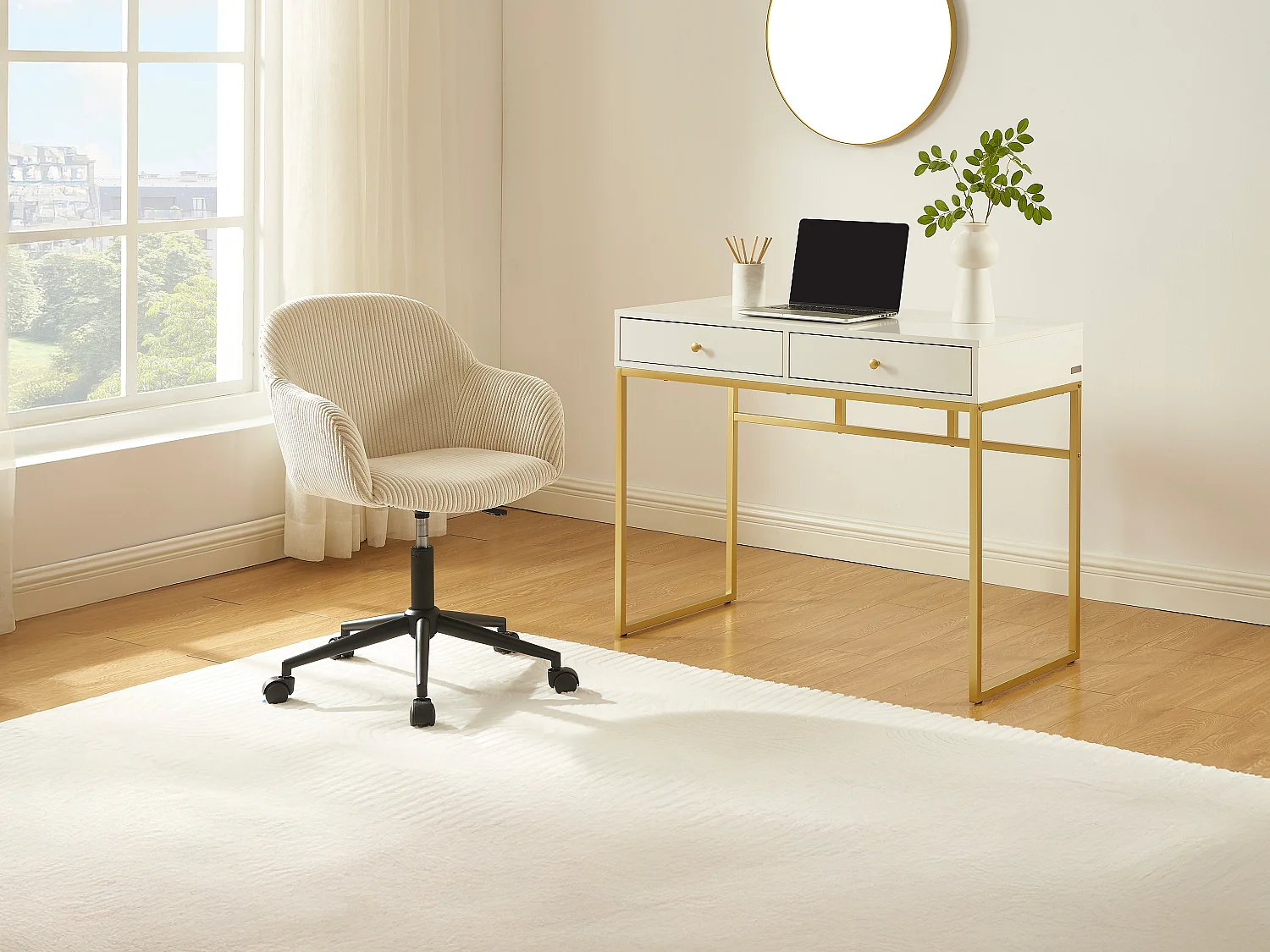 Chaise de bureau - Velours côtelé - Crème - MARENZIA