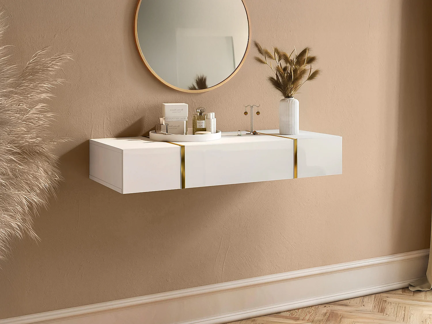 Console suspendue avec 3 portes - Blanc brillant et doré -  MARZIALO