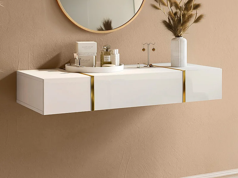 Console suspendue avec 3 portes - Blanc brillant et doré -  MARZIALO